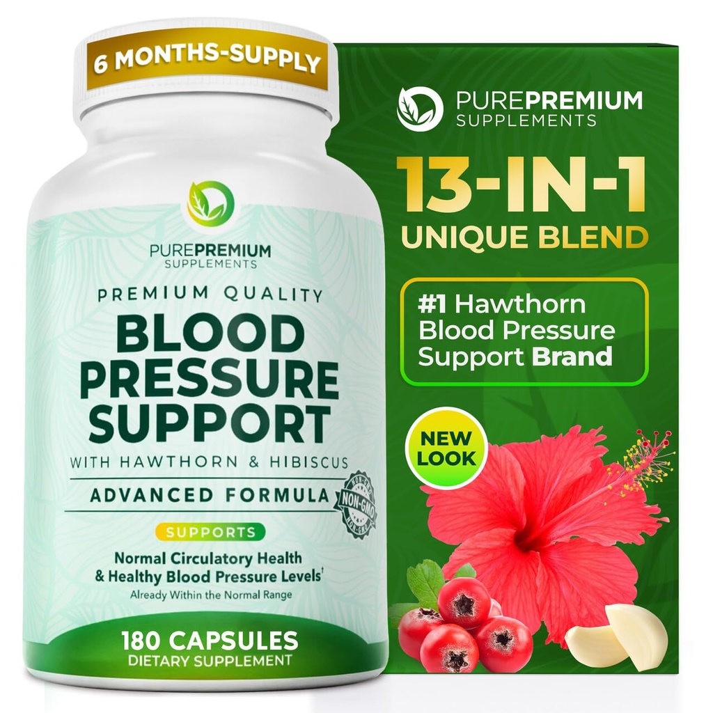 Suplemen Tekanan Darah PurePremium dengan Hawthorn Berry, Hibiscus, Garlic & Vitamin B12 - Nitric Oxide Suplemen untuk Kesehatan Jantung Normal, Dukungan Kesehatan & Darah Sirkulasi - 180ct