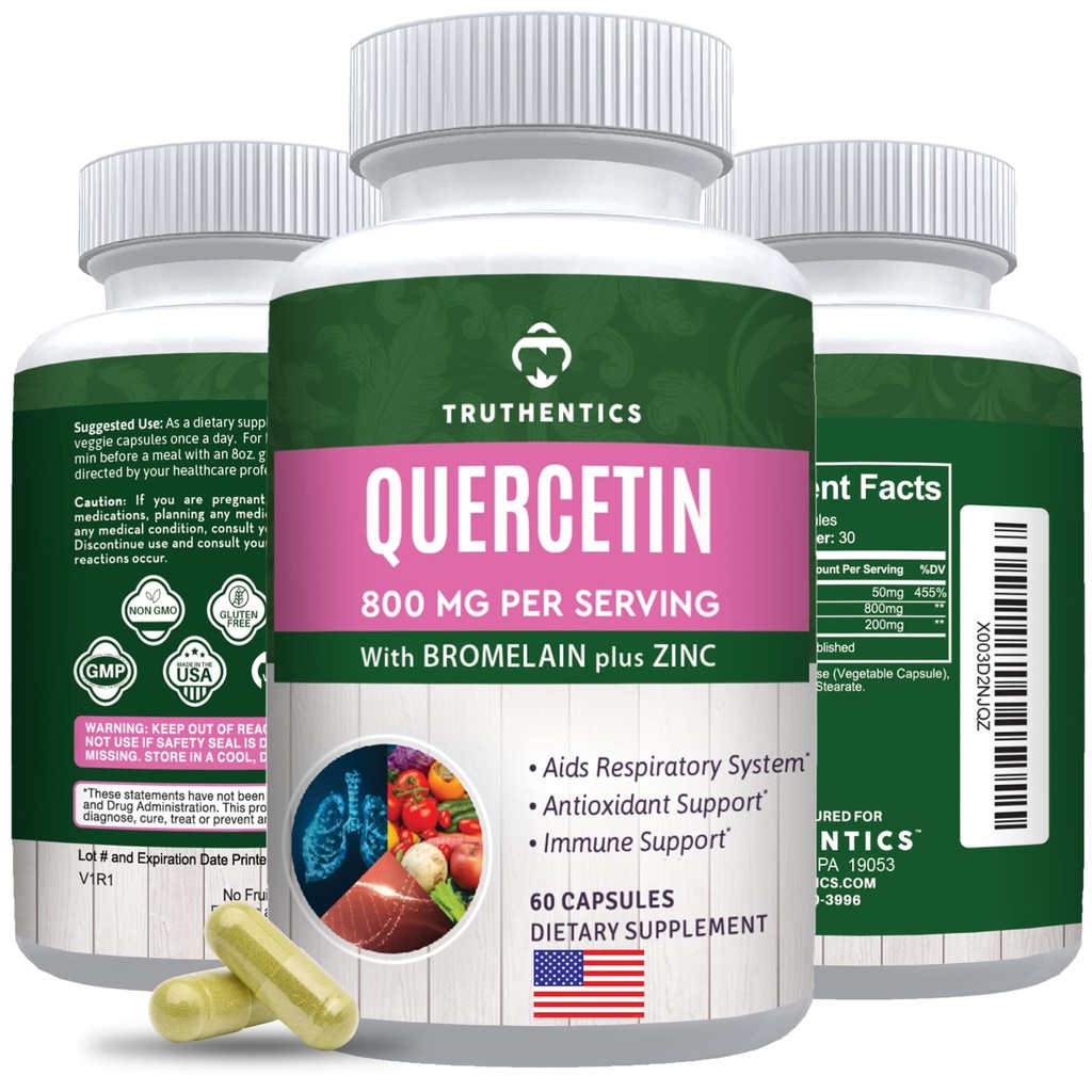 TRUTHENTICS Quercetin dengan Bromelain dan Zinc 1050mg - Premium Zinc Quercetin Suplemen untuk Imune, Respiratory & Seasonal Dupport - Non-GMO, Gluten Free - 60 Vevake Capsules