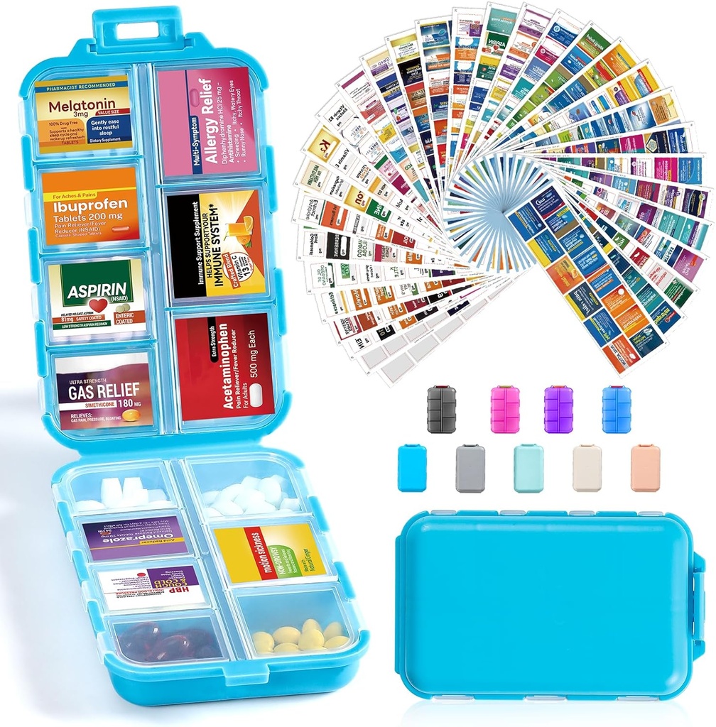 14 Grids Travel Pill Organizer Box dengan 415- Pcs Medics Name Label - Pocket Daily Farmacy Case Container Kit - Travel Medication Holder Dispenser for Fish Oil Vitamin Penyimpanan - Blue