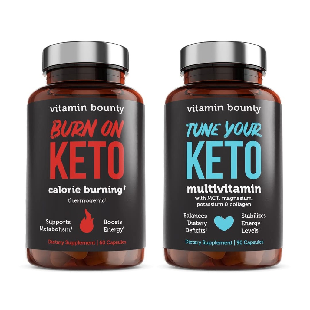 Vitamin Bounty Tune Anda Keto dan Burn on Keto Bundle - Keto Multivitamin, Calorie Burning for Women, Premium Raspberry Ketones, Dukungan Energi - Bundle 60 Capsule Masing-masing