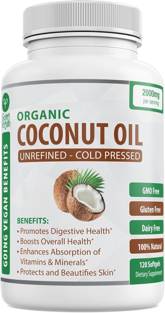Koconut Oil Capsules 2000mg - 100% Extra Virgin, Cold Pressed for Heally Skin, Extra Hair Growth, Nail Care, Brain Booster - 120 Softgels - Unfure Pure & Non GMO Pills - Rich in MCT