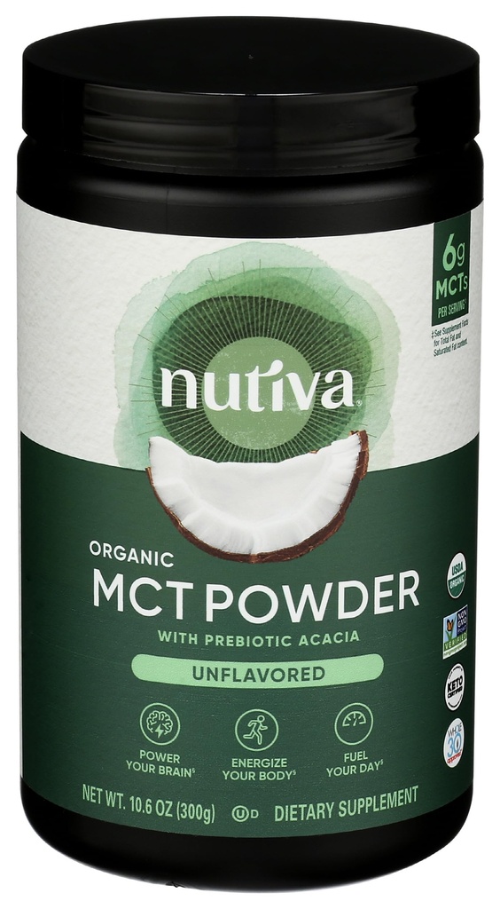 MCT Organik Nutiva Powder dengan Prebiotic Acacia Fiber, Classic, 10,6 Oz, USDA Organic, Non- GMO, None-BPA, Vegan, Gluten- Free, Keto & Paleo, Instant Beverage atau Boost to Coffee & Smoothies