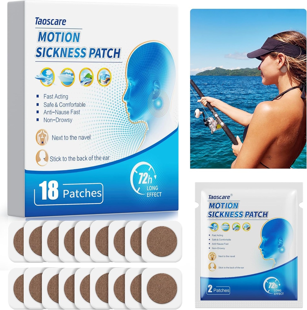 Motion Sickness Patch for Cruise, Sea Sickness Patch for Dizziness Vertigo & Nausea Relief, Kids and Adults Travel Estials for Cruise / car / Amusement Park Trip (18 Count)
