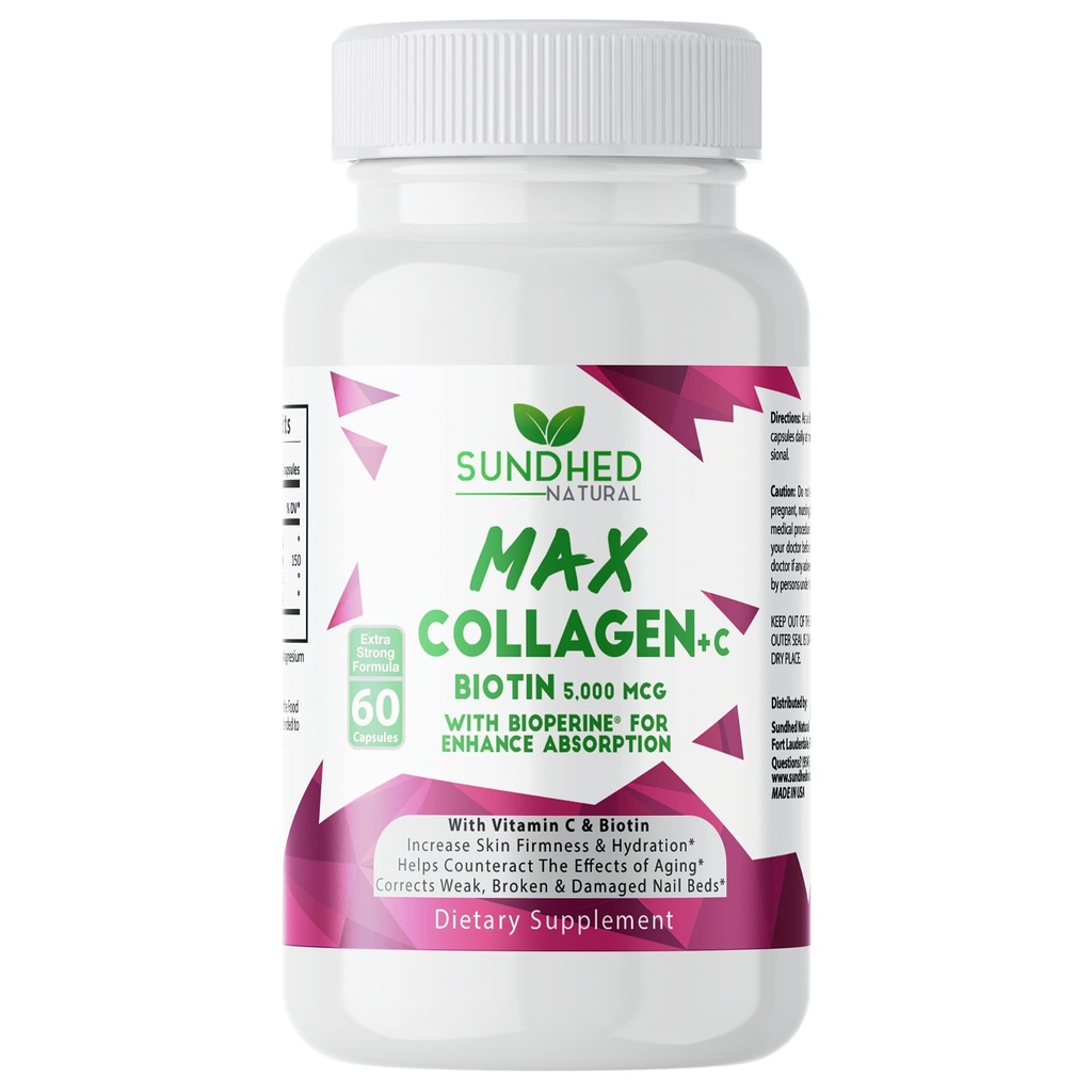 Max Collagen Plus C (60 caps) - All Natural Collagen Capsules with Biotin & Bioperine to Boost Anti Aging Hydration & Skin Firrestness - Collagen Pill to Strengthen Bones & Nails