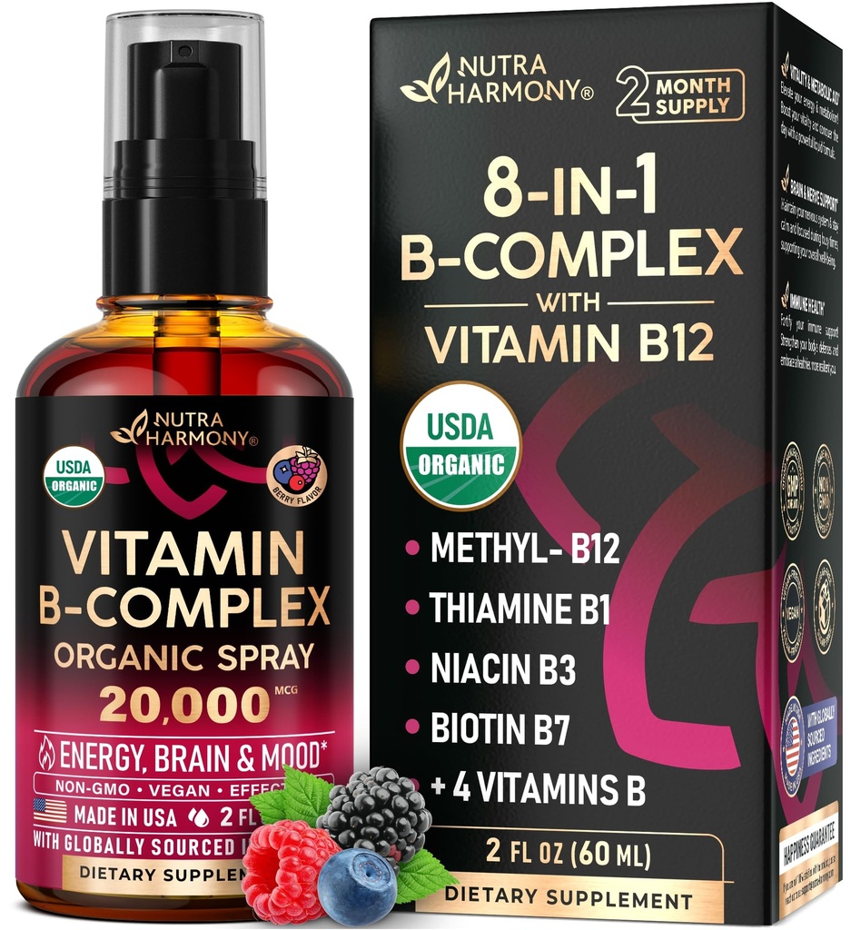 Spray 8-in 1 - B5 Pantothenic Acid 124; B12 Methylcobalamin 124; B1 Thiamine 124; B6 Pyridoxine 124; B7 Biotin 14; B9 Folic 124; B3 Niacinamide - Dibuat di USA Support, 2lF