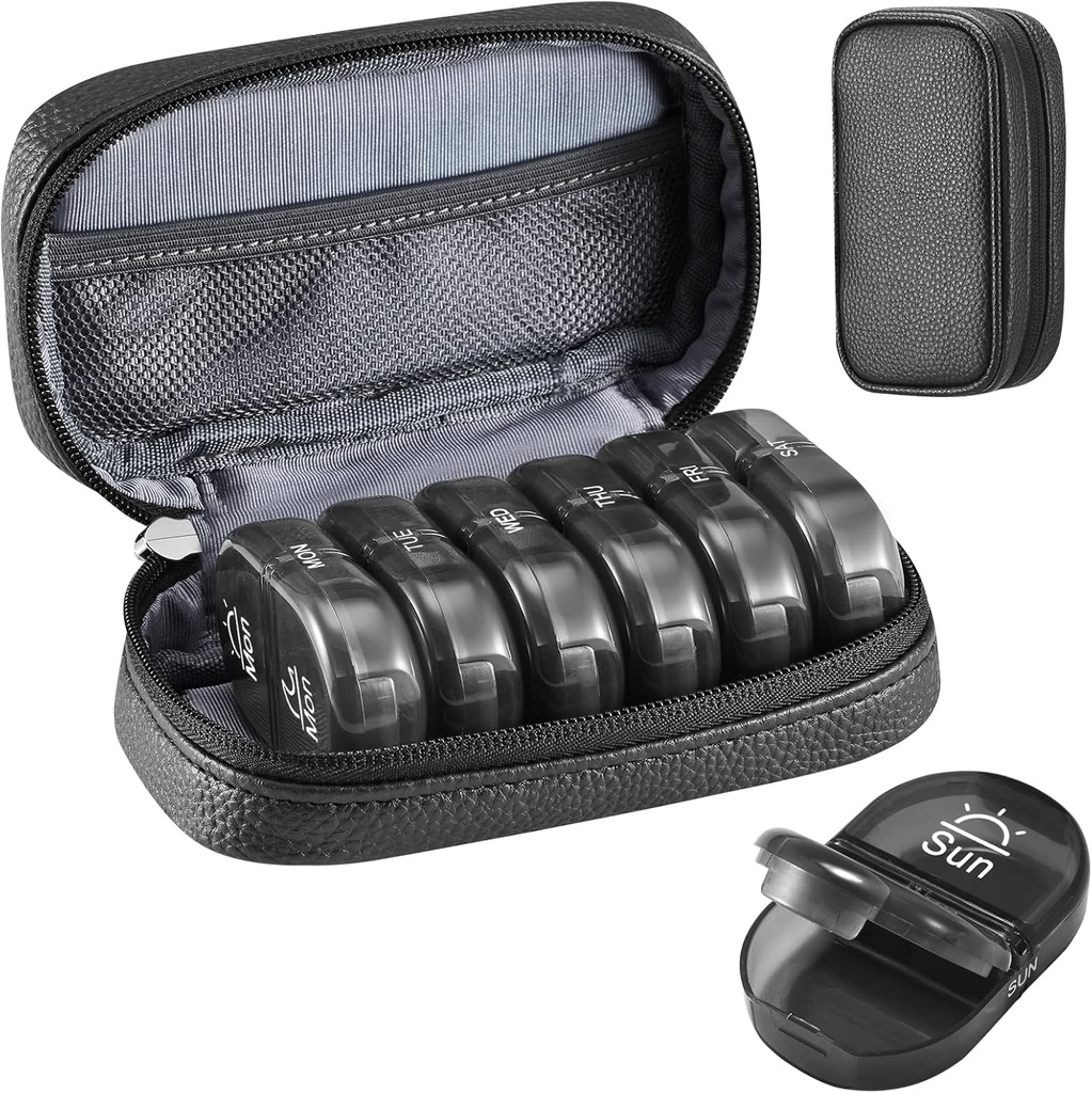 Serfeymi Weekly Travel Pill Organizer 2 Kali sehari pagi Hari Upgraded Black Pill Box 7 Hari dengan Portable Zipher Pill Case, Medicine Organizer for Pills, Vitamin, Fish Oils - Black 01