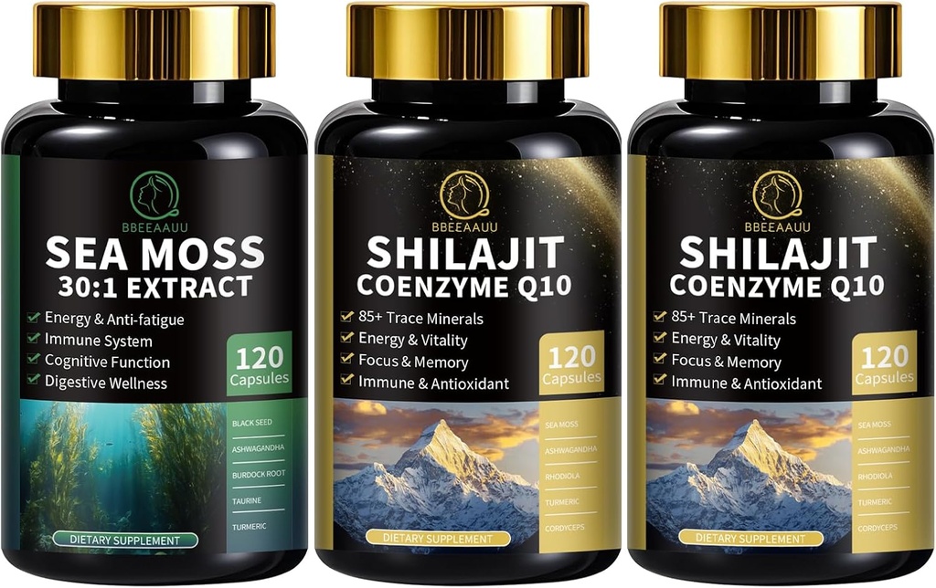 Sea Moss and Shilajit Capsules for Men & Women, All in 1 Suplemen with Shilajit, Sea Moss, Coenzim Q10, Benih Hitam, Ashwagandha, Burdock for Energy, Antioksidant & Imune Support
