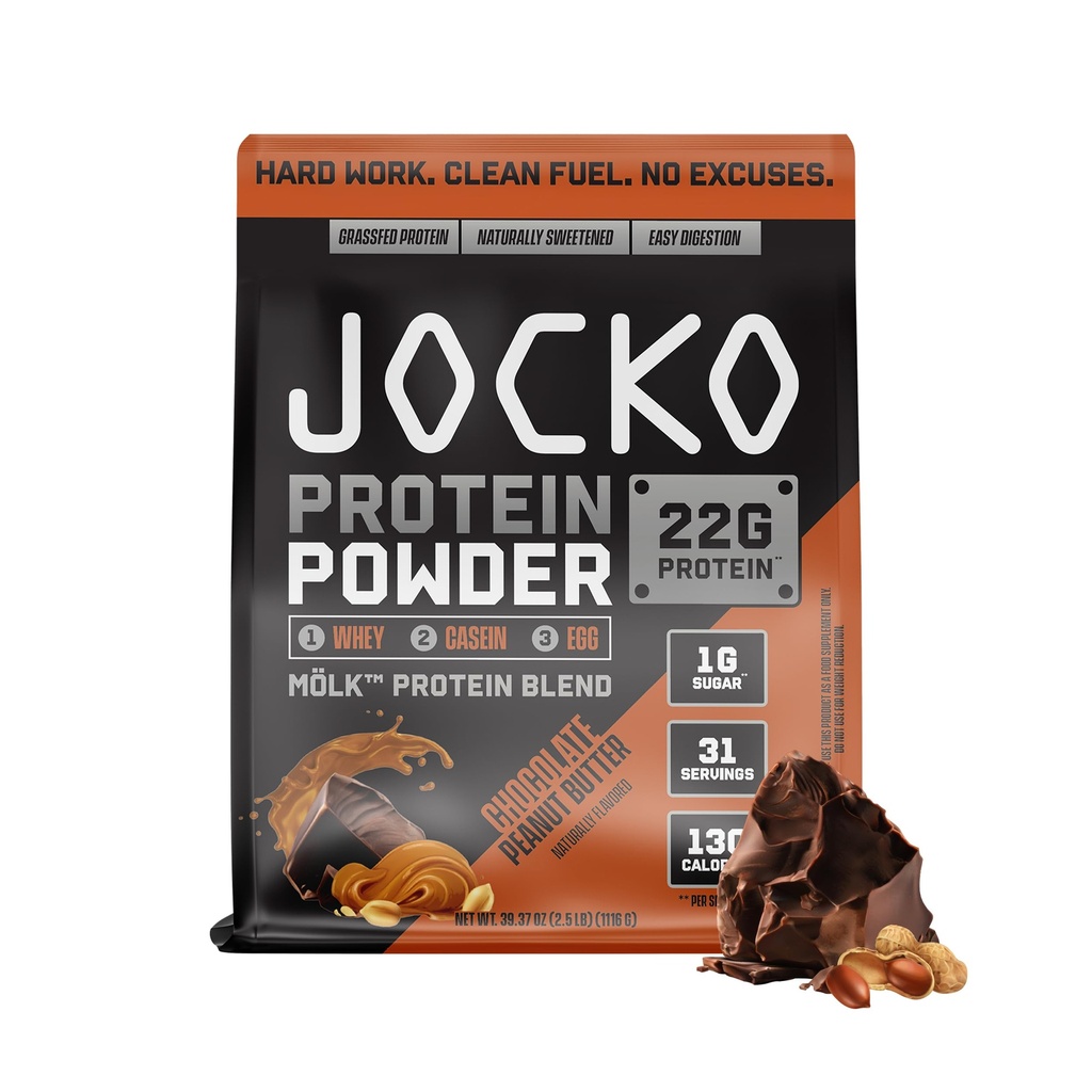Jocko Fuel Mölk Whey Protein Powder 22g Rendah Sugar Monk Blend Buah - Muscle Recovery & Growth, Packaging May Wary (31 Servis, Chocolate Peanut Butter)