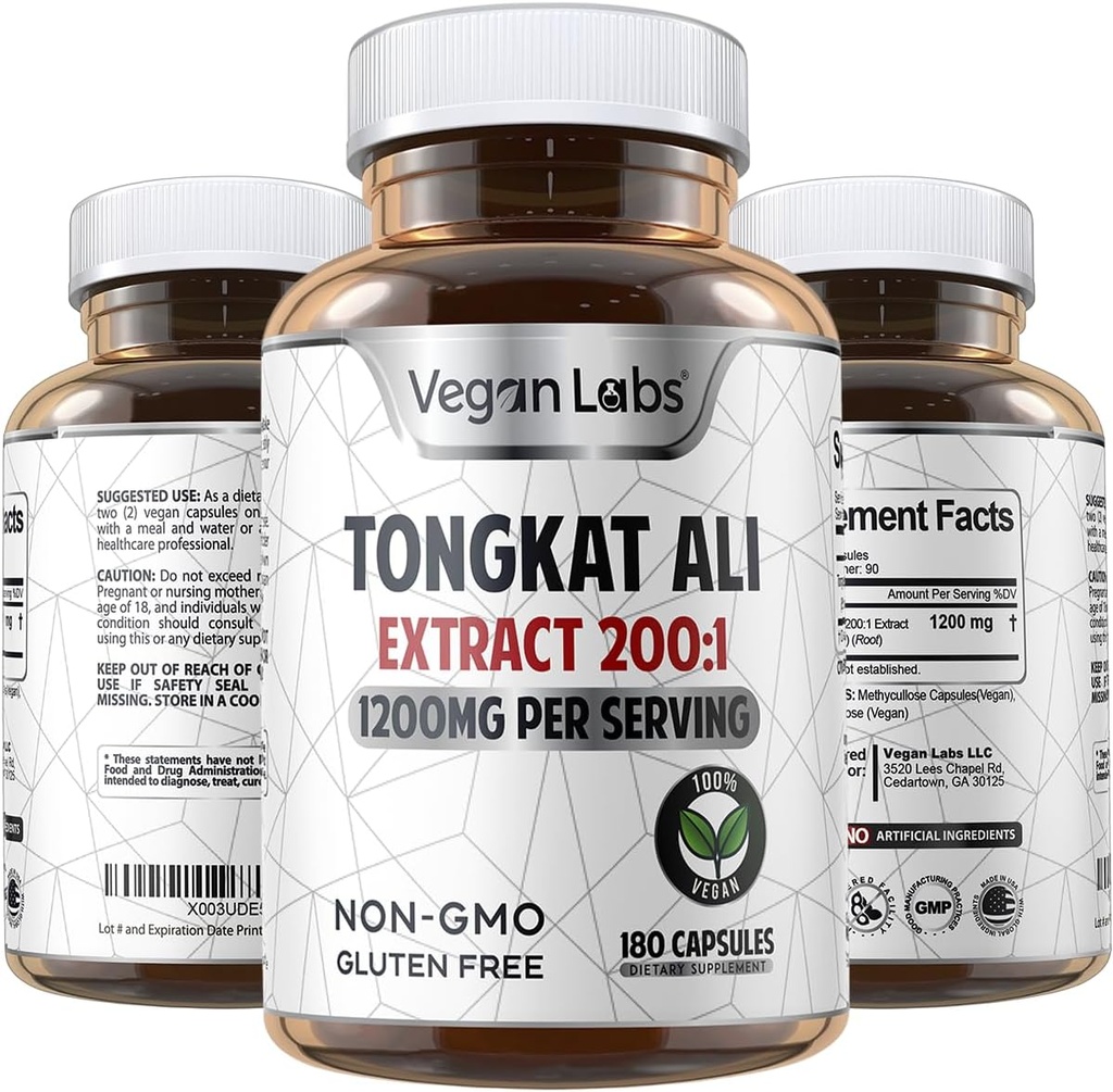 Lab Vegan Tongkat Ali 200: 1 Ekstrak, 1200 MG Per Pelayan - 180 Vegan Kapsul - Mendukung Energi dan Stamina - Gluten Bebas, Tambahan Premium Non-
