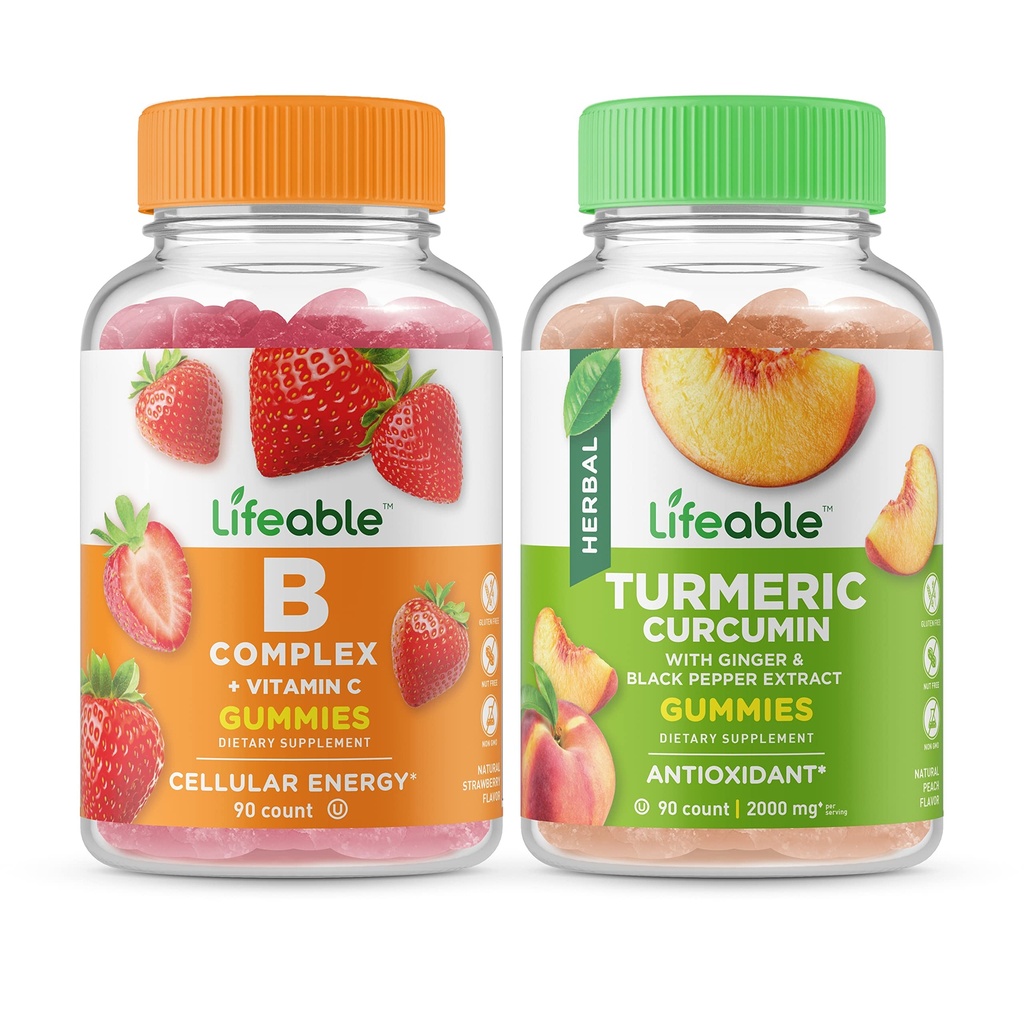 Kompleks B Lifeable + Turmeric Curcumin, Gummies Bundle - Great Tasting, Vitamin Suplemen, Gluten Free, GMO Bebas, Chewable