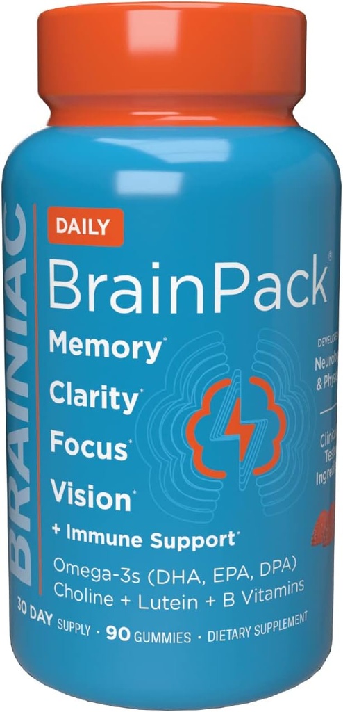 Brainiac Daily BrainPack Gummies, Supports BrainHealth with Omega 3 DHA EPA DPA, Chooline, B6 & B12 and Lutein for Eye Health with Imune Dukung, Citrus Berry Flavor, 90 ct