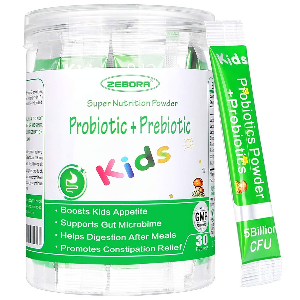 Propoder ZEBORA Kids Probiotic & Prestiotic Powder Age 3 + Dukung Digettle & Imune System with Natural Source, Promotes Constipation Relief, Non-GMO, Bebas, 30 Paket dengan 5 Milyar CFU