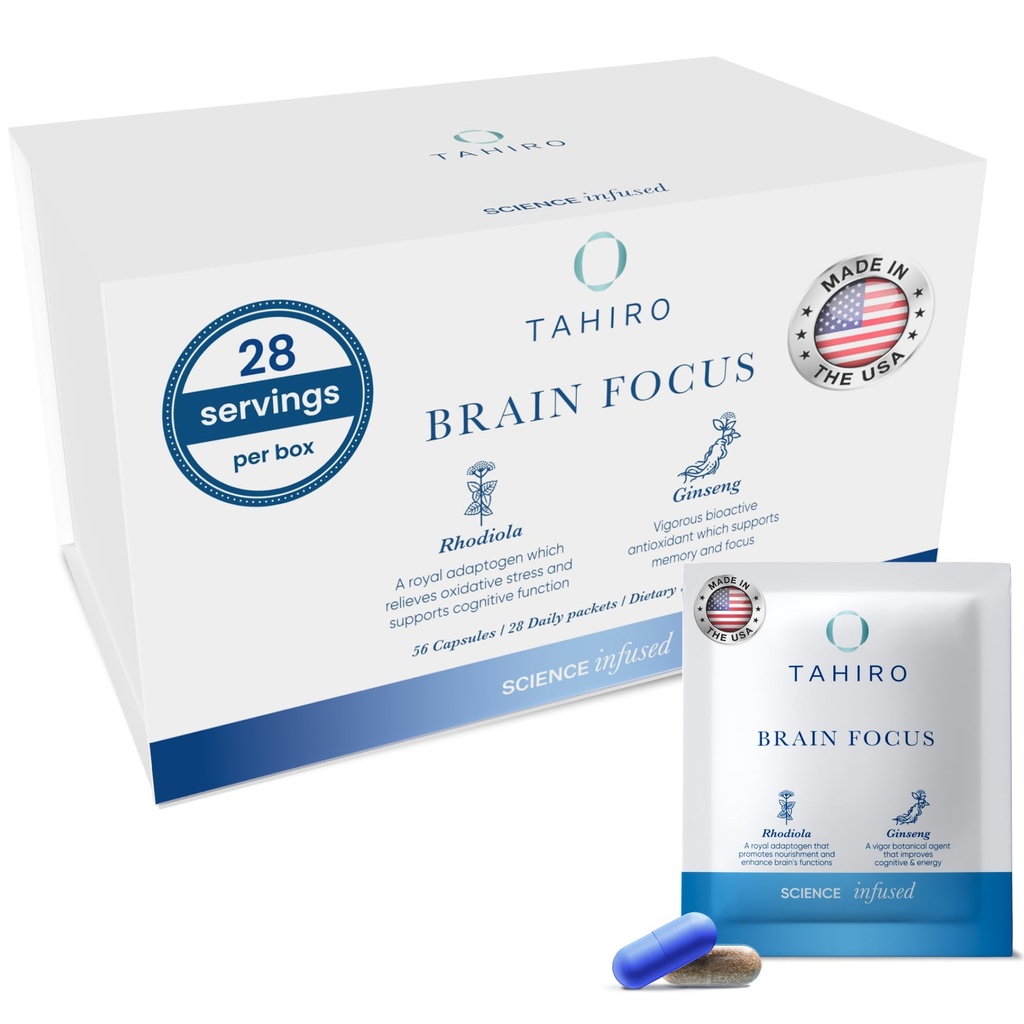 Suplemen Fokus Otak TAHIRO - Suplemen Otak untuk Memori dan Fokus - Pendukung Otak Alam dengan Gingko Biloba, Panax Ginseng, Herbal Ekstraksi - Tidak-GMO Vegan Booster Otak - 28- Paket