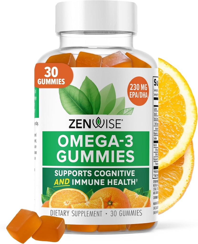 Suplemen Zenwise Health Omega 3 Gummy - Tambahan Omega 3 Omega Tak Dibakar dengan DHA & EPA Fatty Acids untuk Kesehatan Imune - Disediakan Oil Ikan, Minyak Flaxseed & Vitamin E - 30 Gummi