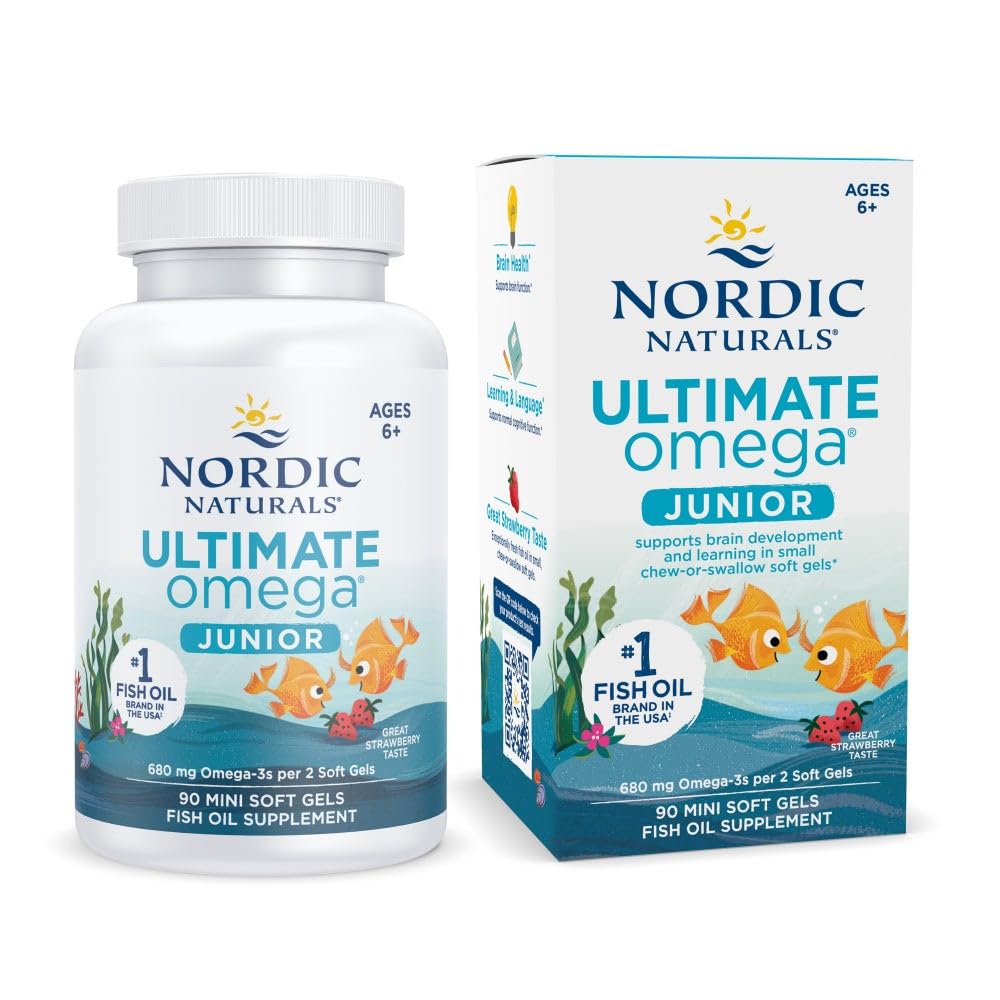 Nordic Ultimate Omega Jr., Strawberry - 90 Mini Soft Gels - 680 Total Omega-3 dengan EPA & DHA - Kesehatan Otak, Mood, Belajar - Non-GMO - 45
