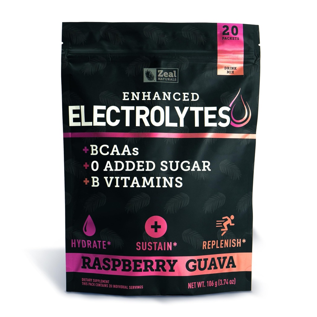 Enhanced Electrolite Powder Stick Packs (Raspberry Guava 124; 20 Paket) w / 0 Sugar + BCAS + B-Vitamin Electrolyte Supplemen w Potemaric & Magnesium for Hydration - Keto Electrolytes