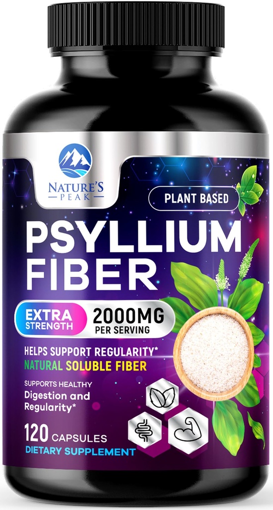 Psyllium Husk Fiber Suplemen 1500mg - Vegan Prebiotic, Soluble Fiber for Daily Digetical Health & Regularitas Dukungan, Natural Psyllium Powder Caps, Sugar- Free, Non-GMO & Gluten- Free - 120 Capsules