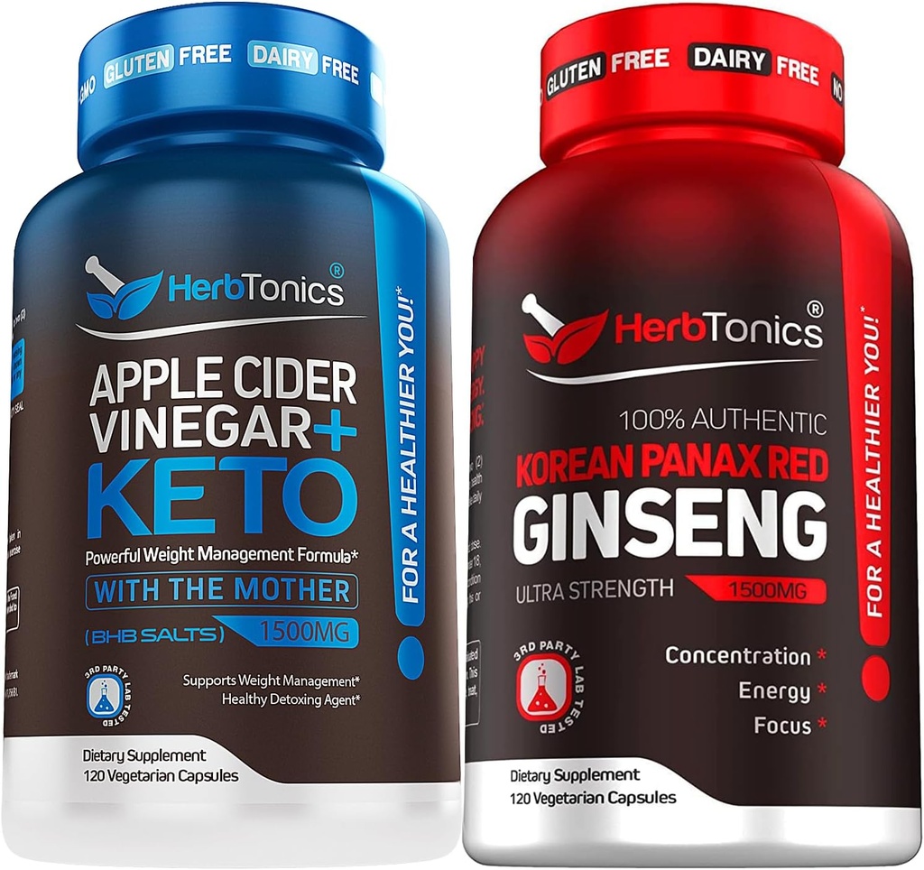 Herbtonics Apple Cider Venegar Capsules Plus Keto BHB 124; Fat Burner & Weight Looss Suplemen Perempuan & Pria - Kekuatan Tinggi Ginseng Ekstrak Merah Panax Korea - Performance Dukungan untuk Pria & Perempuan