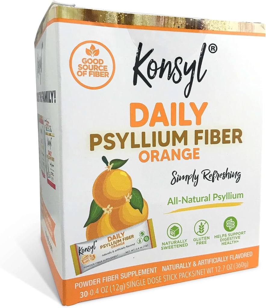 Konsyl Daily Fiber Orange 100% Natural Psyllium Husk Powder - Alami Sweetened - Gluten Free - 30 Individual Stickpacks