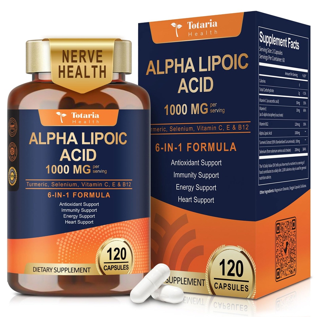Totaria Alpha Lipoic Acid 1000mg - ALA Supplemen Antioksidant untuk Neuropathy Dukungan Kesehatan Nerve, Detox Liver, Antiokidant, Metabolisme dan Energi Sel, Anti- Aging - Non-GMO, Gluten Bebas, Vegan Aman