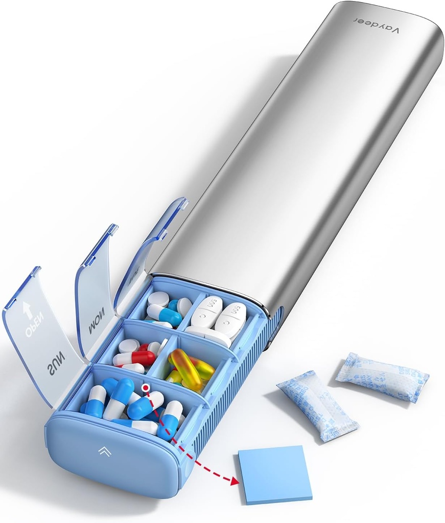 Vaydeer 7 Day Weekly Pill Organizer (Dukung 2 Kali sehari), Metal Travel Pill Case, Large Capacity Daily Cute Pill Box for Suplemen, Pills, Vitamin and Medication (Sliver)