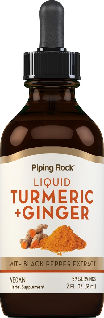 Piping Rock Turmeric dan Ginger Liquid Drops 12.4; 2 Fl Oz 124; Taincture Suplemen dengan Black Pepper Extract 126; Vegan, Non- GMO, Gluten Free