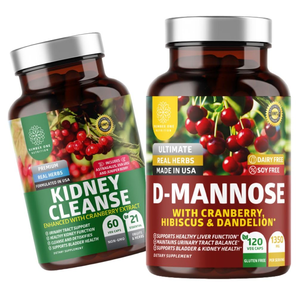 Number One N1N Premium D- Mannose [1350mg] with Cranberry & Hibiscus and Kigney Cleanse [21 Venable Herbs] with Cranberry Extract, Astragalus, Uva Ursi, 2 Pack Bundle