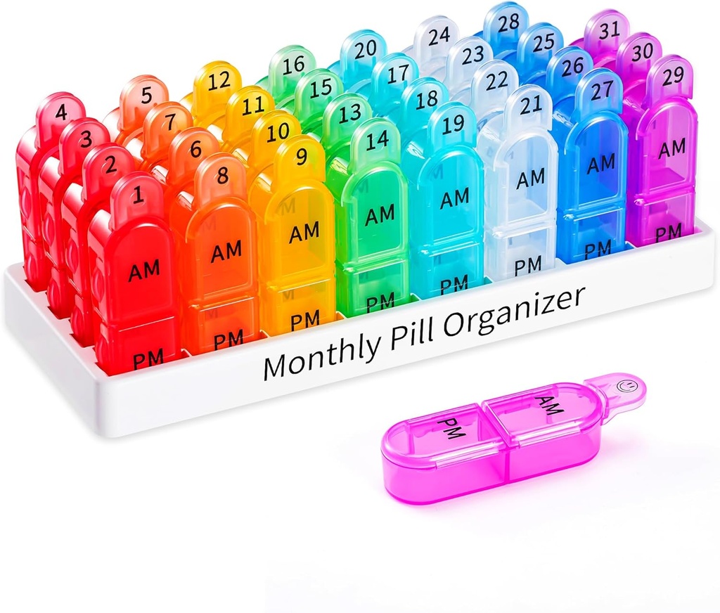 Daviky Monthly Pill Organizer 2 kali sehari - 30 Day Pill Box AM PM, BPA Free One Monthly Medicine Organizer Dua kali sehari, Kasus 31- Day untuk menahan Vitamin, Suplemen & Obat-obatan