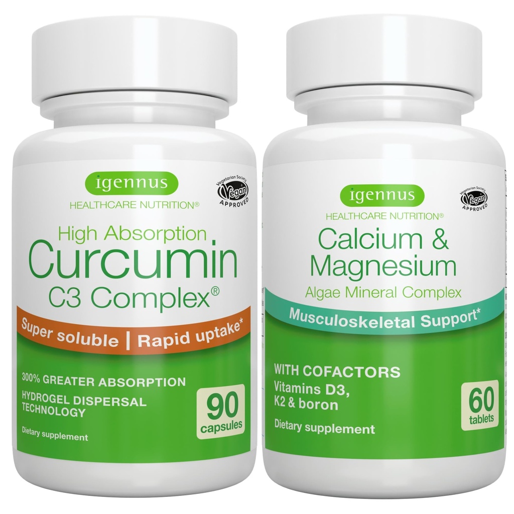 Alga Calcium & Magnesium Kompleks + High Absorpsi Curcumin C3 Kompleks, Vegan Bundle for Bones, Joints & Recovery from Exercise, by Igennus