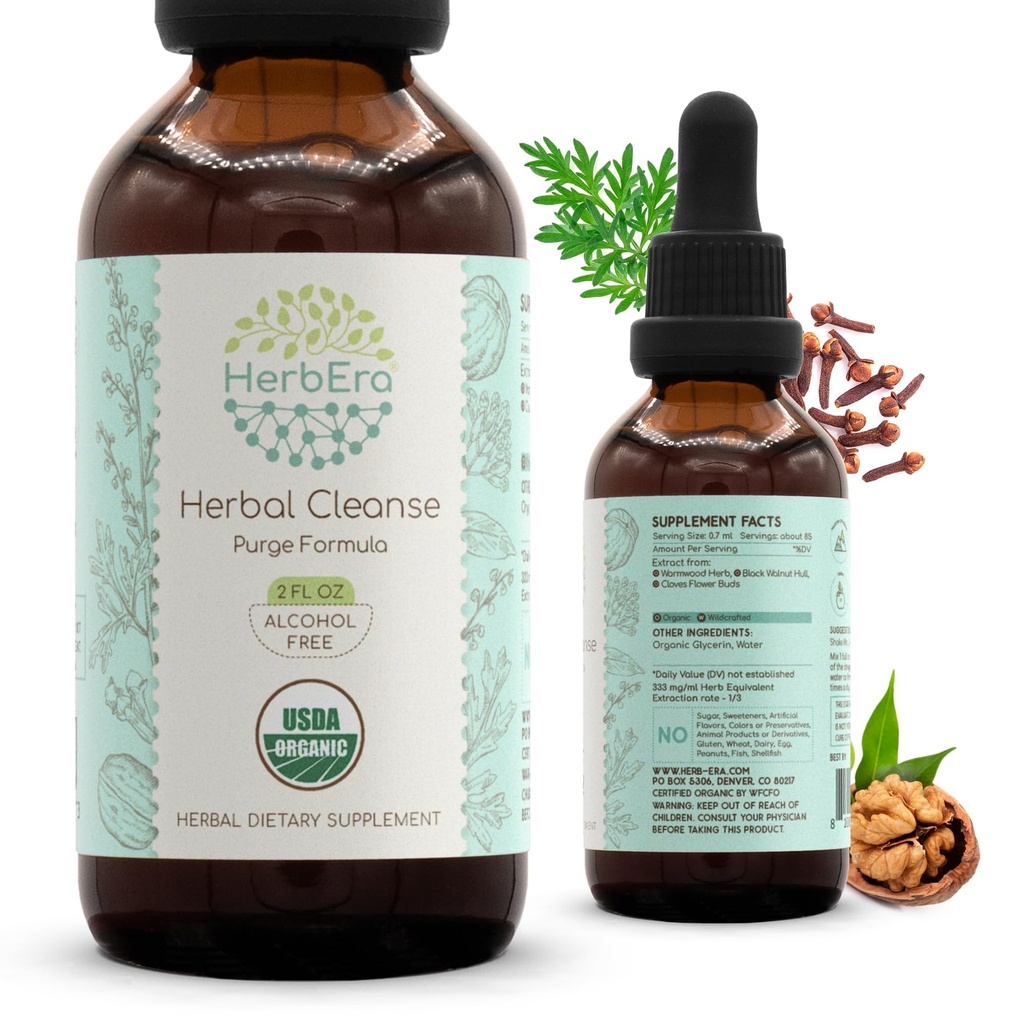 HerbEra Herbal Cleanse Organic Alcohol- Free Tacrture 124; Detox dan Cleanse Formula, Ekstment Explement 124; Organic Wormwood Herb, Black Walnut Hull, Cloves Flower Buds 124; Purge Extract (2 fl oz)
