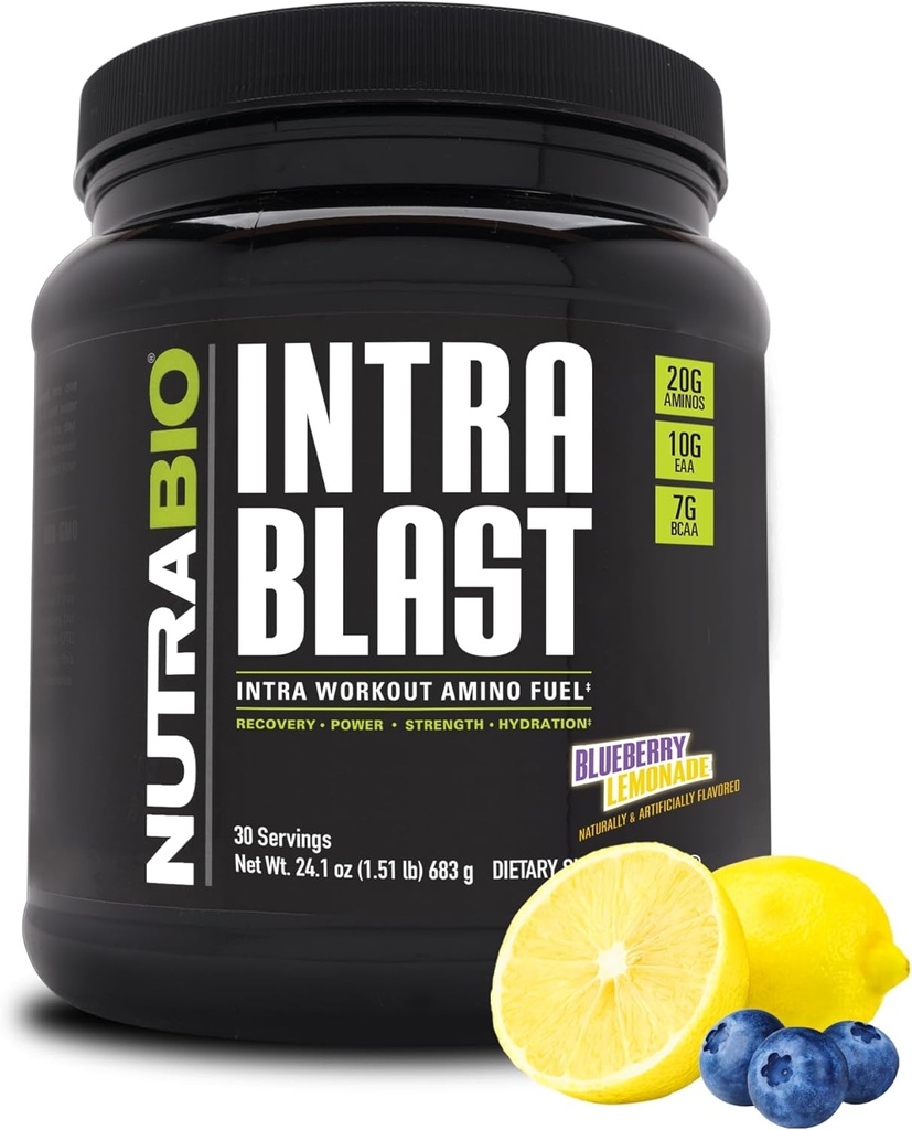 NutraBio Intra Blast Bcaa Powder Amino Acid Suplement, Electrolite & Hydration Blend, Intra, Pre Workout & Muscle Recovery, 20g Easa Amino Acids Powder, 5g Glutamine- Blueberry Lemonade, 30 Serving