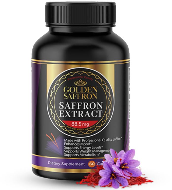 Golden Saffron Saffron Extract Capsules - Premium Saffron Suplemen - 88.50 mg Saffron Pills - Mood Dukung - Dukungan Emosional - Keseimbangan, Fokus & Eye Kesehatan Dibuat di USA - 60 Capsules