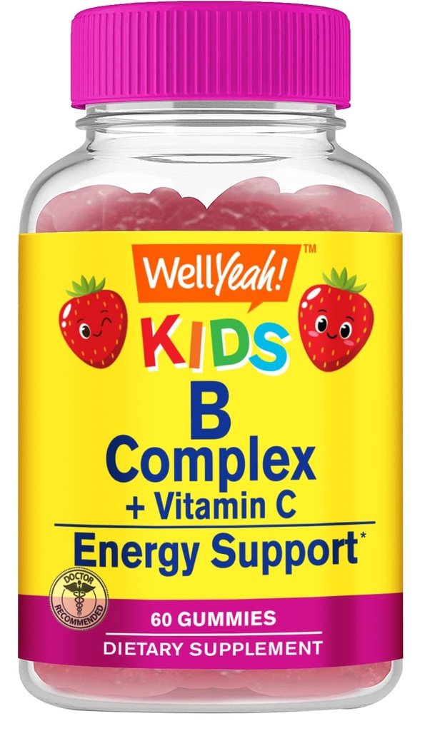 Baik Yeah B Complex Gummies for Kids - with Vitamin C, Niacin, Vitamin B6, Folic Acid, Vitamin B12, Biothenic Acid - 2 Month Suppply - Strawberry Flavor - Non GMO, Gluten Free - 60 Gummies