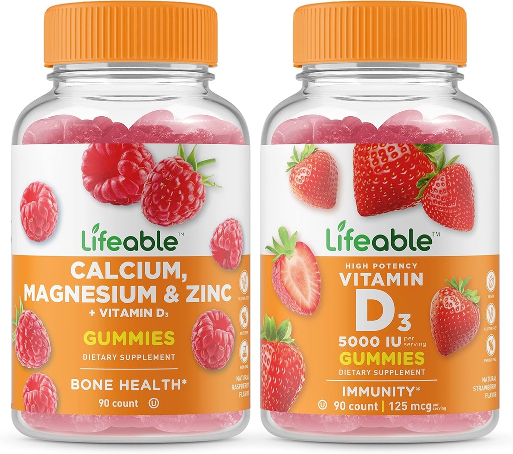 Lifeable Calcium, Magnesium, Zinc & Vitamin D + Vitamin D 5000 IU, Gummies Bundle - Great Tasting, Vitamin Suplemen, Gluten Bebas, GMO Bebas, Dapat Dikunyah