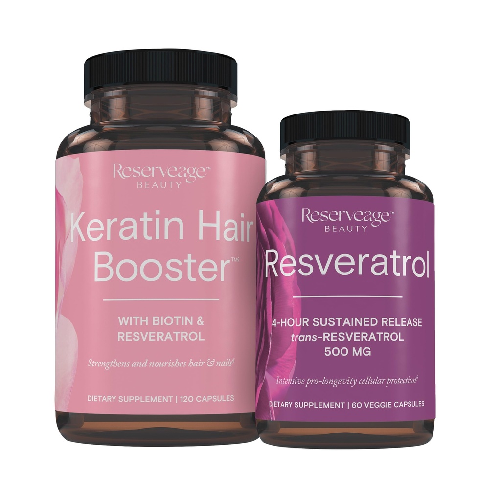 Reservage Nutrition Kertin Hair Booster with Biotin & Resveratrol, Hair dan Nail Growth Suplement, 120 Capsules (60 Servings) & Resveratrol 500 mg, Support Healthy Aging and Immune System