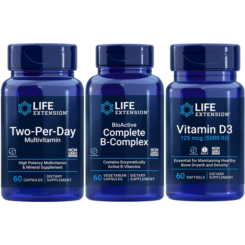 Ekstensi Hidup Dua Hari Per- Multivitamin, 60 kapsul 124; BioAktif Kompleks B-Complex, 60 kapsul 14; Vitamin D3 125 MCU), 60 softgeels 124; Bone & kekebalan kesehatan, energi dan metabolisme mendukung