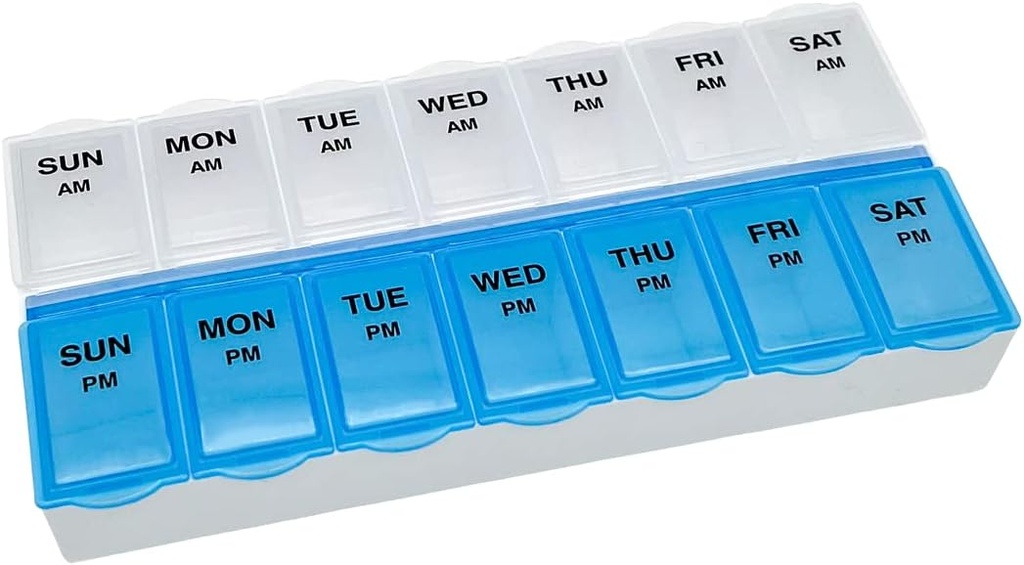 Perawatan Dasar (7- Day) AM / PM Pill Organizer, Vitamin Case, And Medicine Box, Kompartemen Besar, 2 Kali sehari, Blue and Clear Lids