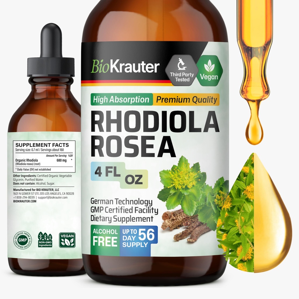 BiO KRAUTER Rhodiola Tambahan Liquid - Pure Rhodiola Rosea Tincture untuk Dukungan Kesetaraan - Alkohol & Sugar Extract - 4 Fl.Oz.