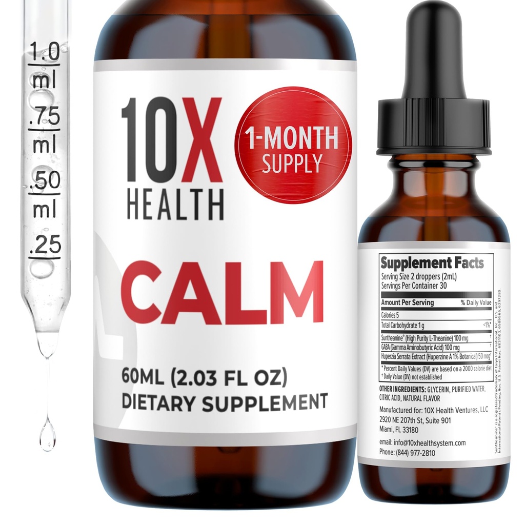 10X Health Calle L Theanine Tambahan Cairan Drops - 100mg L 'Theanine Drops & 100mg GABA Suplemen untuk mendukung Nerves, Tenang & Stress - Natural Flavor 2.03 Fl oz.