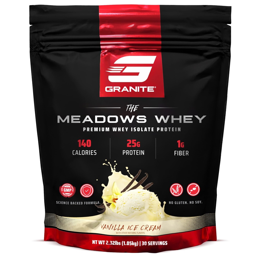 Suplemen Granite: Meadows Whey Protein Isolat Bubuk Protein untuk Lean Muscle dengan 150 Kalories, 2g Fiber, 1g Sugar (30 Servis), Vanilla Ice Cream Flavor