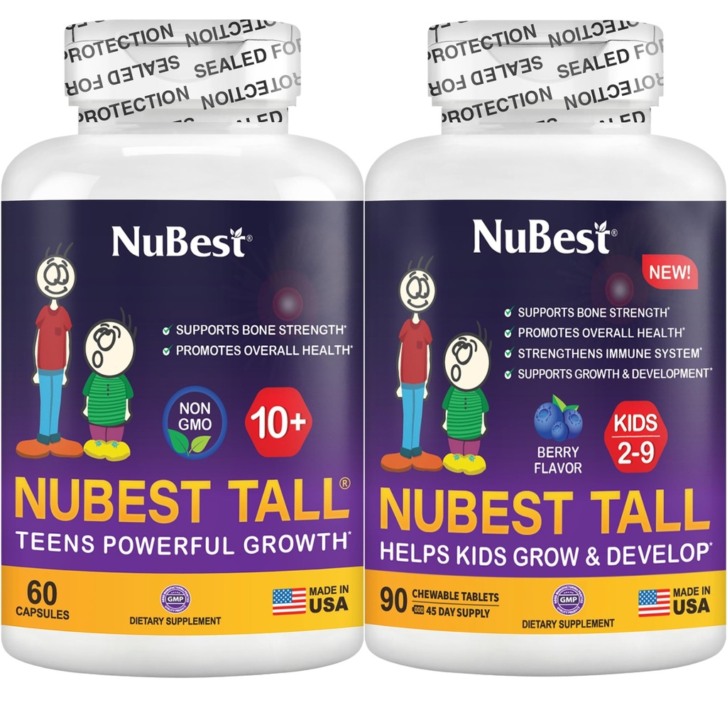 Nurest Bundle Tall 10 + 60 Capsules Tall Kids 90 Chewable Tablet 124; Height Growth for Kids & Teens 124; Calcium, Vitamin D3 K2, Collagen & Herbal Blend