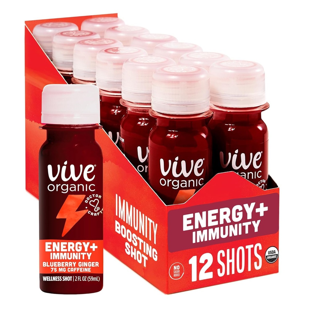 Vive Organic Energy Shot + Ammune Support, Ammune Defenation with Ashwagandha, Green Tea & Caffeine, Gluten Free, Vegan, Energy and Focus, 2 Fl Oz (Pack of 12)