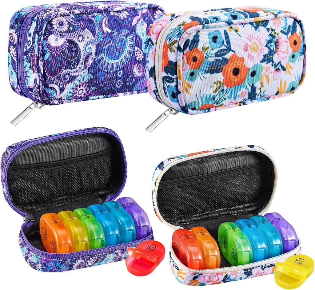 Serfeymi Weekly Travel Pill Organizer 2 Kali sehari Hari PM Pelangi Pill Box 7 Hari dengan Kasus Zipper Canvas Pill, Medical Organizer for Pills, Vitamin, Fish Oils - Purple 01 + Bloom 01