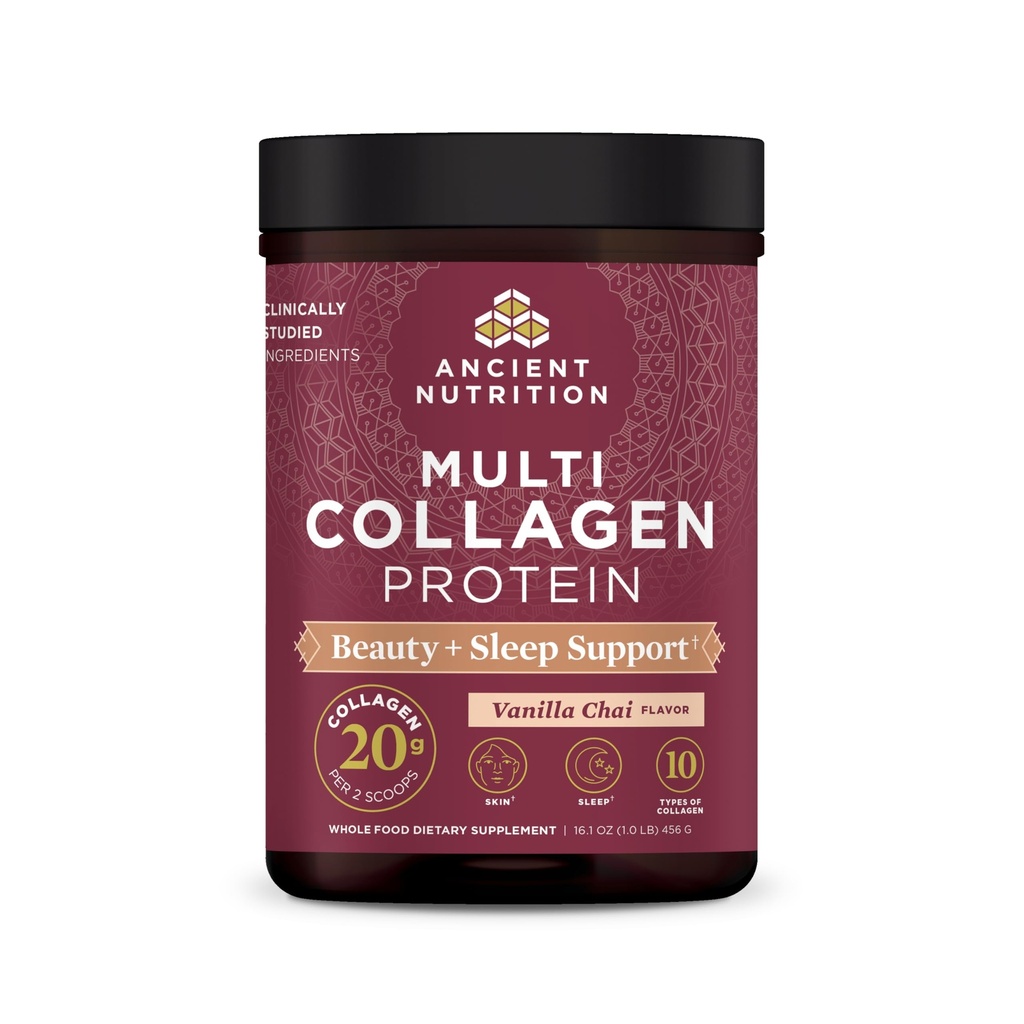 Protein Powder Nutrition kuno, Multi Collagen Protein Beauty + Sleep dengan Vitamin C, Vanilla Chai, Collagen Peptides Support Skin and Nails, Sleep, 16.1oz