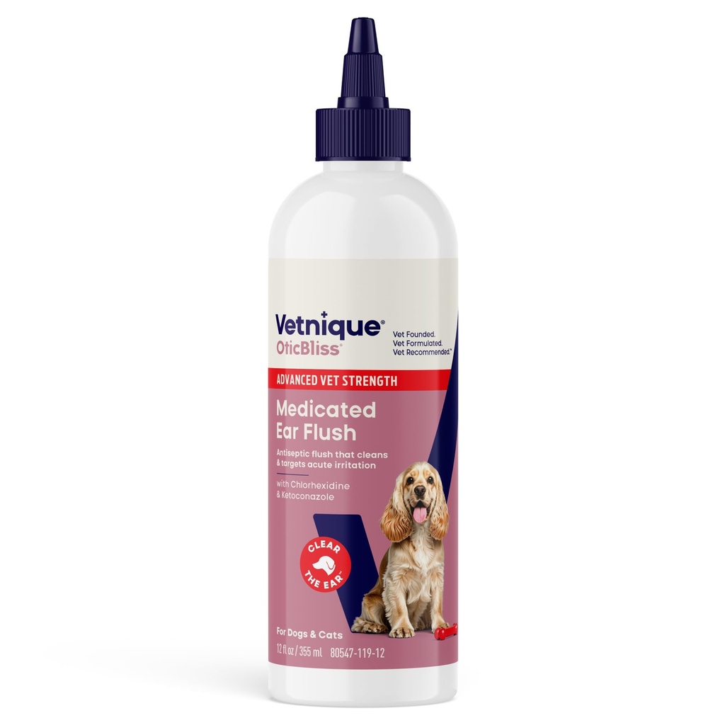 Vetnique Oticbliss Obat Infeksi Ear Dog, Pembersih Telinga Antiseptik untuk Solusi Pembersih Kucing & Dog dengan Chlorhexidine & Ketoconazole (12oz Flush)