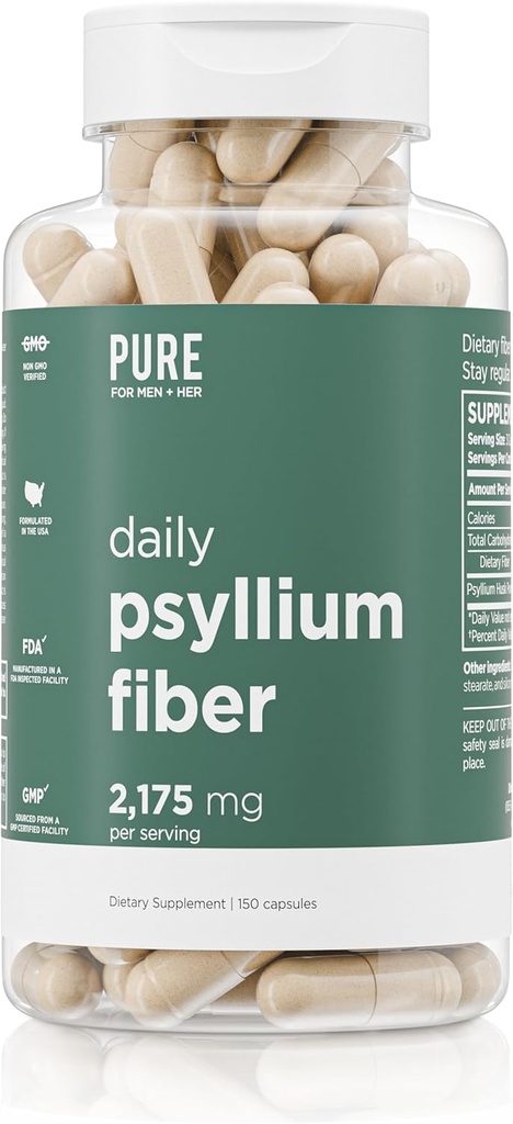 Suplemen Daily Psyllium Husk Fiber oleh Pure for Men & Pure for Her 124; Regularitas Digetical & Gut Health Support 124; Soluble Fiber Powder, 2.175mg Per Serving 124; 150 Capsules