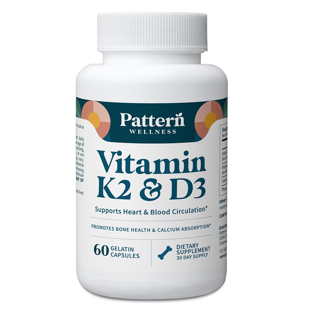 Pattern Wellness Vitamin K2 & D3 Suplemen dengan Kalsium - Bone Health, Sirkulasi Wellness & Imune Dukungan - Non-GMO - 60 Capsules
