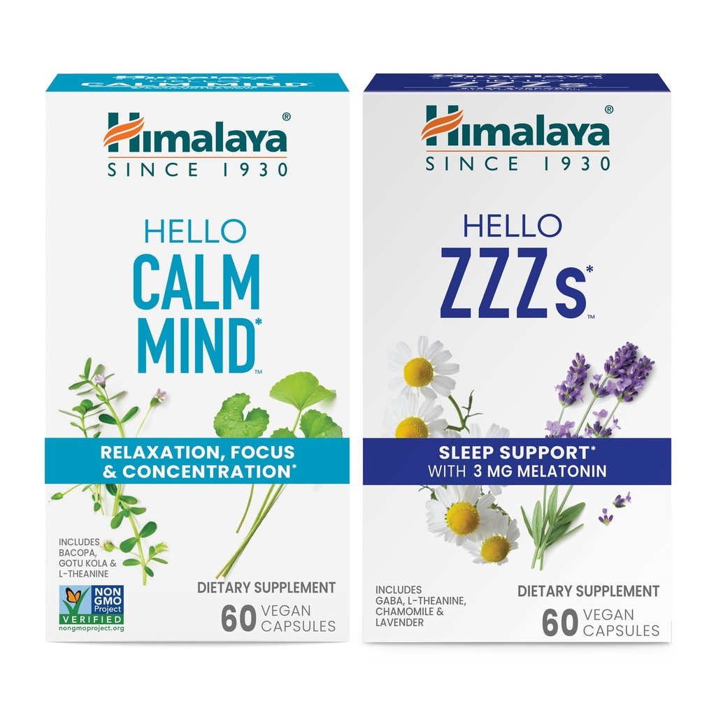 Himalaya Hello Calm Mind with Bacopa for Relaxation, Focus and Concentration & Hello ZZZs with Melonatin for Sleep Support, 60 Capsules Each-Bundle
