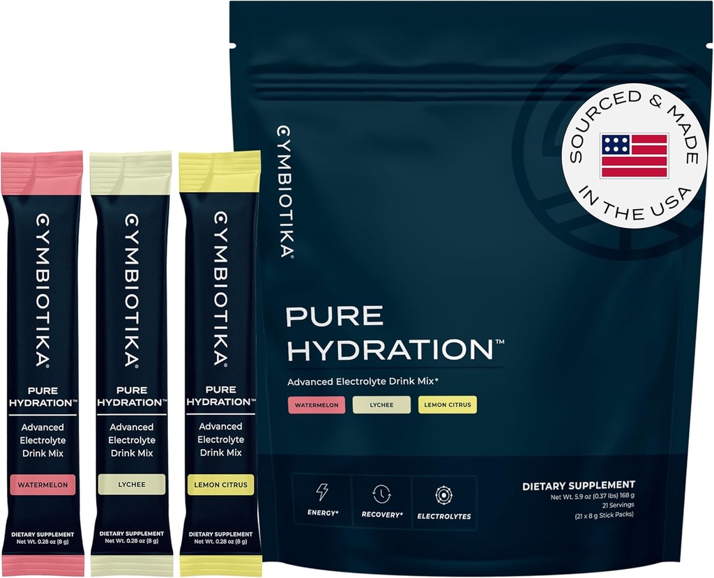 CYMBIOTIKA Murni Hidration Elektrolytes Powder Minum Mix dengan Vitamin C & Magnesium, Keto Friendly Electrolite Hydration Paket, Variety Pack, Lemon, Lychee & Watermelon, 7 Masing-masing, 21 Paket Tongkat