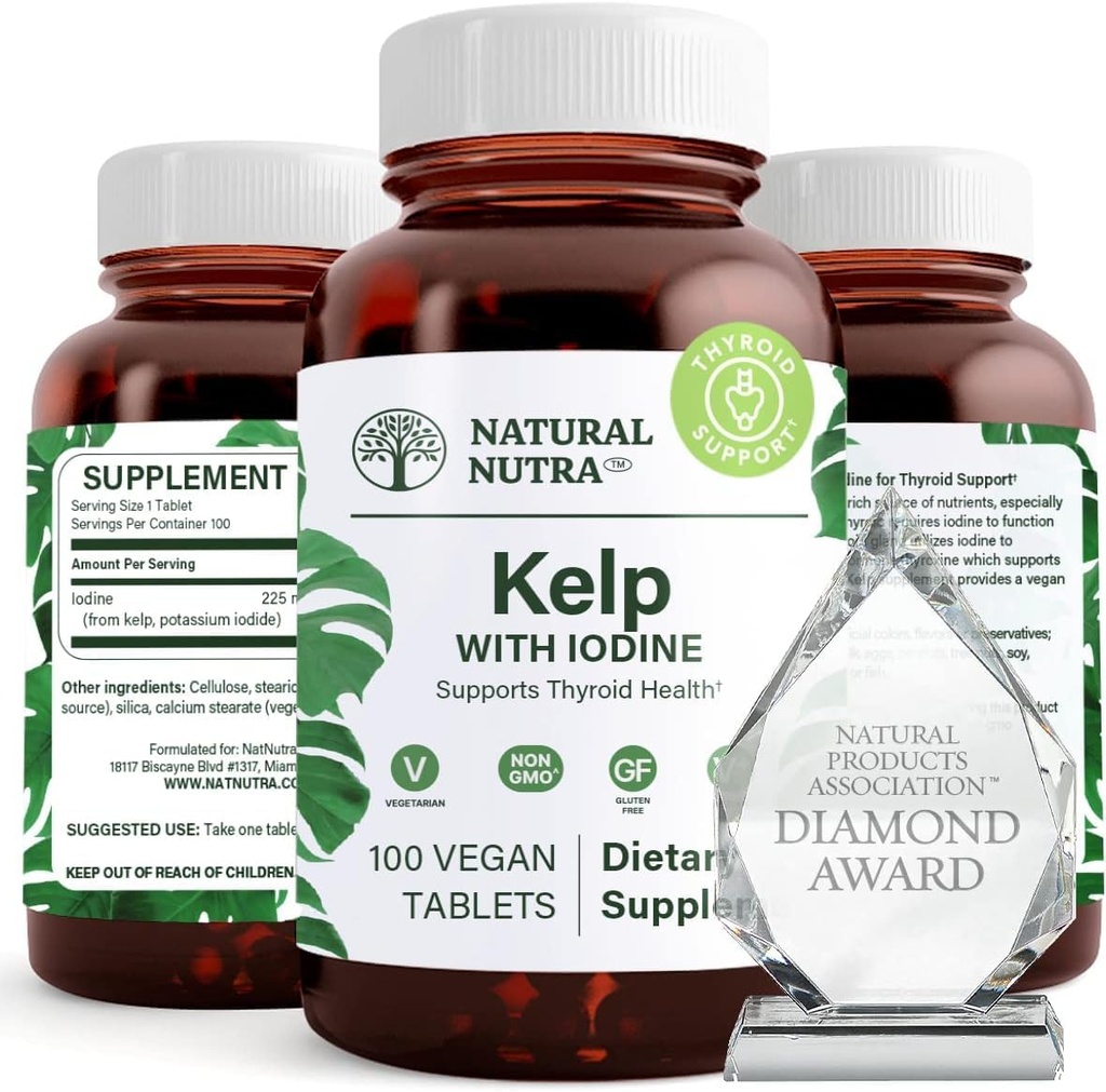 Natural Nutra Kelp Iodin Thyroid Supplement, Strengthens Immune System, and Regulates Metabolism, Vegan Sea Kelp, Non GMO, Atlantic Sourced Seawed Extract, 225 mcg, 100 tablet
